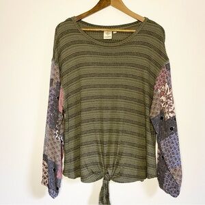 Alkamy Boho Green Waffle Knit with Patchwork Sleeves Size Large